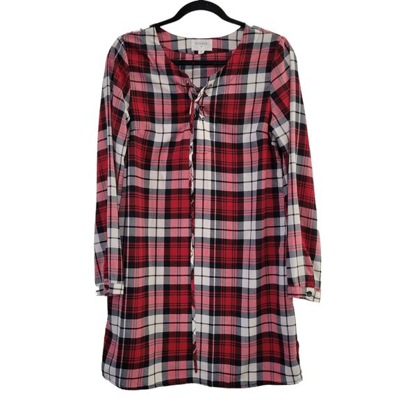 Everly Plaid Red/Cream Lace Up Long Sleeve Split Neck T-Shirt Dress Women Sz M - Picture 1 of 3